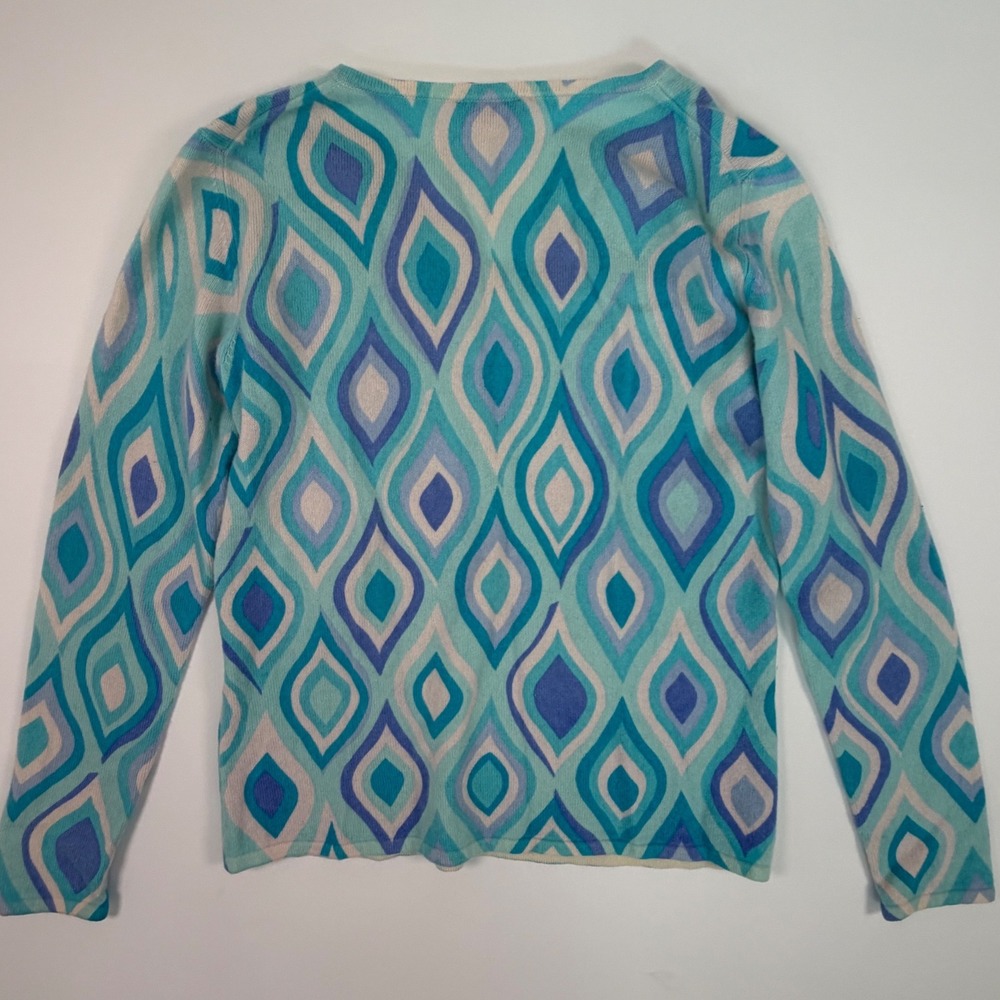Talbots Pure Cashmere V-Neck Sweater Blue Geometric Teardrop Print Y2K Petites S - Picture 2 of 4
